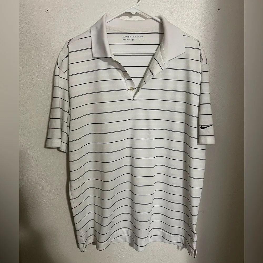 NIKE Classic Dri Fit Athletic Casual Striped Short Sleeve Golf Polo White Mens L